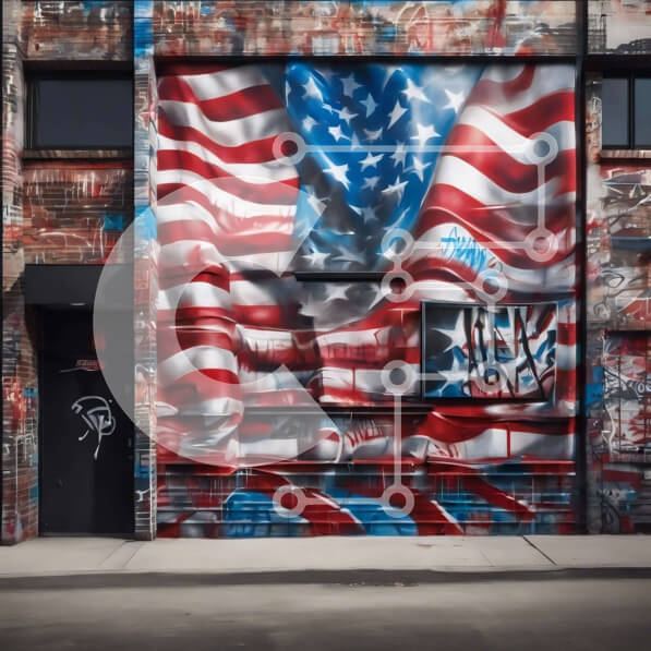 Intra Συλλεκτικό Ξύλινο Παζλ Plywood  4mm - Αμερικανική σημαία ζωγραφισμένη σε κτήριο από τούβλα με γκράφιτι Σε Ξύλινο Κουτί - Διαστάσεις Puzzle: 10x10 cm – 25 κομμάτια