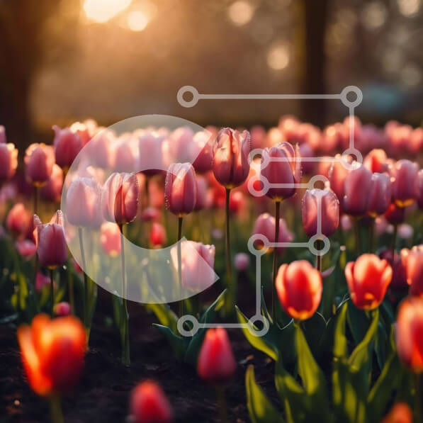 Intra Συλλεκτικό Ξύλινο Παζλ Plywood  4mm - Πεδίο με ροζ τουλίπες στο ηλιοβασίλεμα Σε Ξύλινο Κουτί - Διαστάσεις: 10x10 cm – 25 κομμάτια