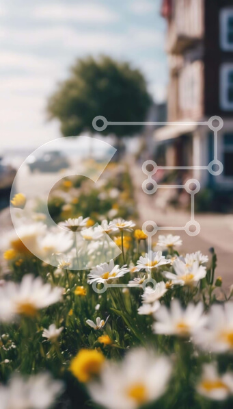 Σετ των 2 Intra Συλλεκτικό Ξύλινο Παζλ Plywood  4mm - Λευκά και κίτρινα λουλούδια μαργαρίτας σε αστικό περιβάλλον Σε Ξύλινο Κουτί - Διαστάσεις: 10x10 cm – 25 κομμάτια