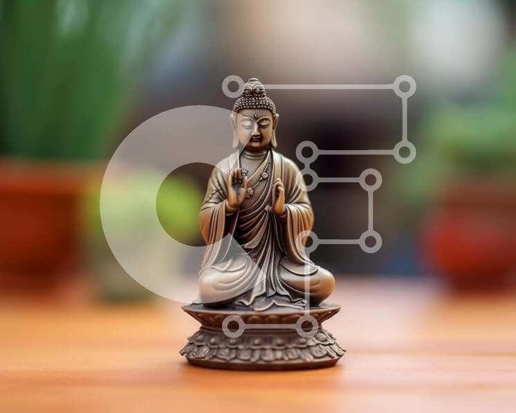 Intra Συλλεκτικό Ξύλινο Παζλ Plywood  4mm - Άγαλμα του Βούδα σε ξύλινο τραπέζι δίπλα σε φυτά σε γλάστρες Σε Ξύλινο Κουτί - Διαστάσεις Puzzle: 10x10 cm – 25 κομμάτια