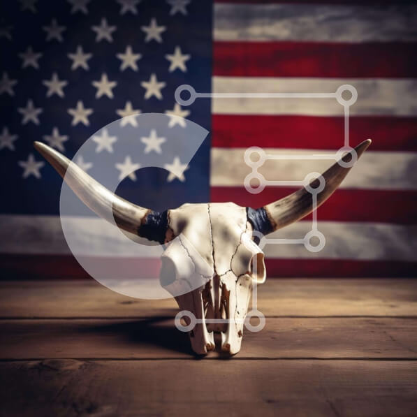 Intra Συλλεκτικό Ξύλινο Παζλ Plywood  4mm - Κρανίο ταύρου με φόντο αμερικανικής σημαίας Σε Ξύλινο Κουτί - Διαστάσεις Puzzle: 10x10 cm – 25 κομμάτια