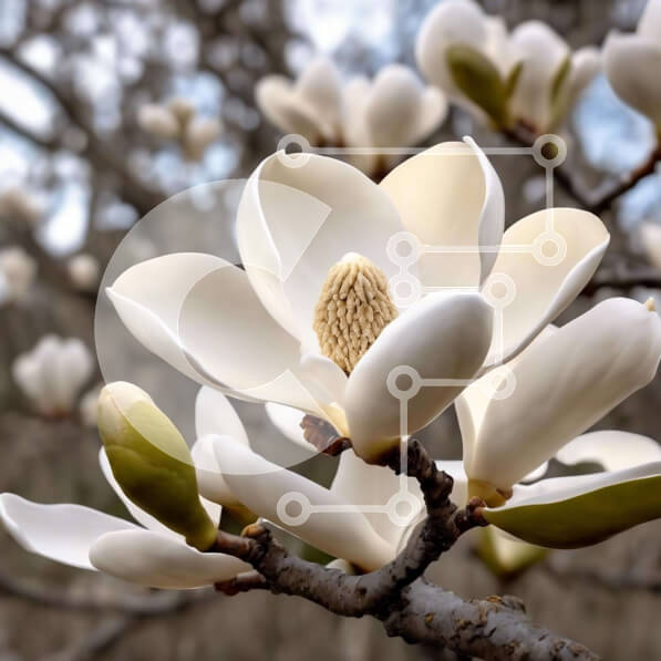 Intra Συλλεκτικό Ξύλινο Παζλ Plywood  4mm - Λευκό λουλούδι μανόλιας που ανθίζει σε κλαδιά βελανιδιάς Σε Ξύλινο Κουτί - Διαστάσεις: 10x10 cm – 25 κομμάτια