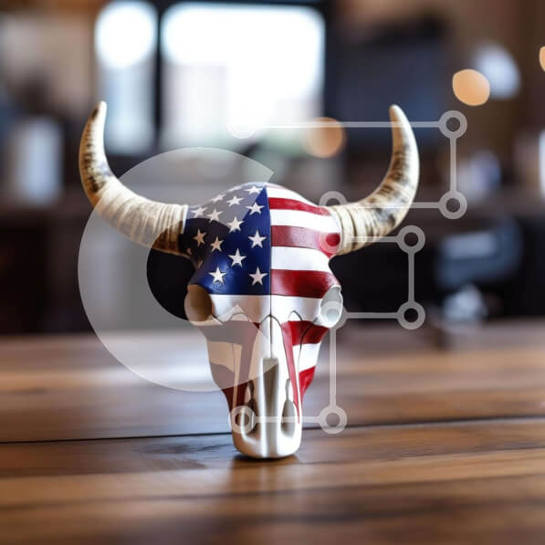 Intra Συλλεκτικό Ξύλινο Παζλ Plywood  4mm - Κρανίο ταύρου αμερικανικής σημαίας σε ξύλινο τραπέζι Σε Ξύλινο Κουτί - Διαστάσεις: 10x10 cm – 25 κομμάτια