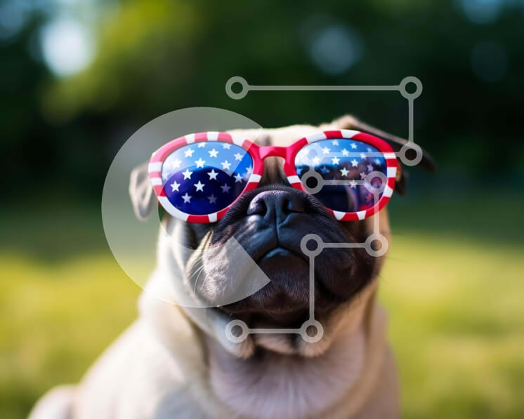 Σετ των 2 Intra Συλλεκτικό Ξύλινο Παζλ Plywood  4mm - Pug Dog με γυαλιά ηλίου με αμερικανική σημαία στην ύπαιθρο Σε Ξύλινο Κουτί - Διαστάσεις: 10x10 cm – 25 κομμάτια