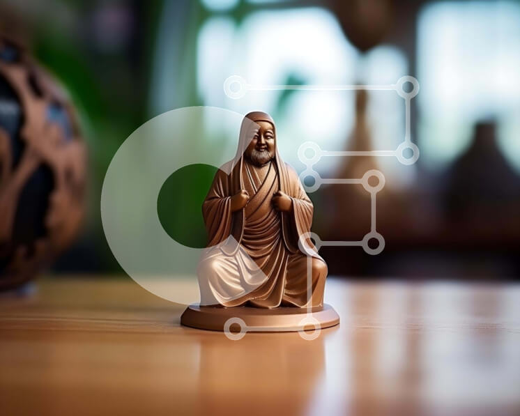 Intra Συλλεκτικό Ξύλινο Παζλ Plywood  4mm - Καφέ άγαλμα του Βούδα σε ξύλινο τραπέζι Σε Ξύλινο Κουτί - Διαστάσεις Puzzle: 10x10 cm – 25 κομμάτια