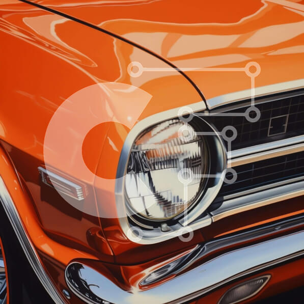 Intra Συλλεκτικό Ξύλινο Παζλ Plywood  4mm - Κοντινό πλάνο ενός κλασικού πορτοκαλί αυτοκινήτου με προβολείς και μάσκα Σε Ξύλινο Κουτί - Διαστάσεις Puzzle: 10x10 cm – 25 κομμάτια