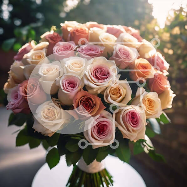 Intra Συλλεκτικό Ξύλινο Παζλ Plywood  4mm - Κομψό μπουκέτο με ροζ και ροδακινί τριαντάφυλλα σε τραπέζι εξωτερικού χώρου Σε Ξύλινο Κουτί - Διαστάσεις: 10x10 cm – 25 κομμάτια