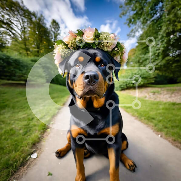 Intra Συλλεκτικό Ξύλινο Παζλ Plywood  4mm - Σκύλος με στέμμα λουλουδιών σε εξωτερικούς χώρους Σε Ξύλινο Κουτί - Διαστάσεις: 10x10 cm – 25 κομμάτια