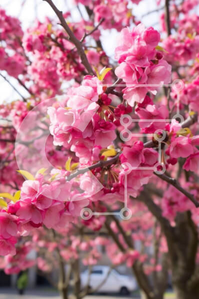 Σετ των 2 Intra Συλλεκτικό Ξύλινο Παζλ Plywood  4mm - Δέντρο με ροζ λουλούδια στην αστική περιοχή Σε Ξύλινο Κουτί - Διαστάσεις: 10x10 cm – 25 κομμάτια