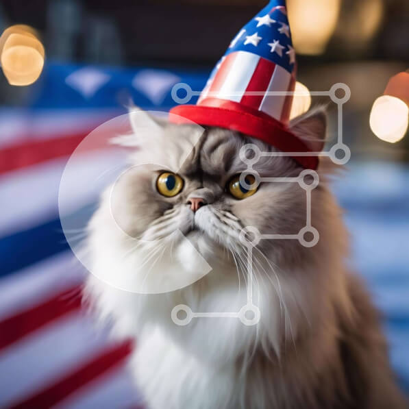 Intra Συλλεκτικό Ξύλινο Παζλ Plywood  4mm - Λευκή γάτα με καπέλο για πάρτι με θέμα την αμερικανική σημαία Σε Ξύλινο Κουτί - Διαστάσεις: 10x10 cm – 25 κομμάτια