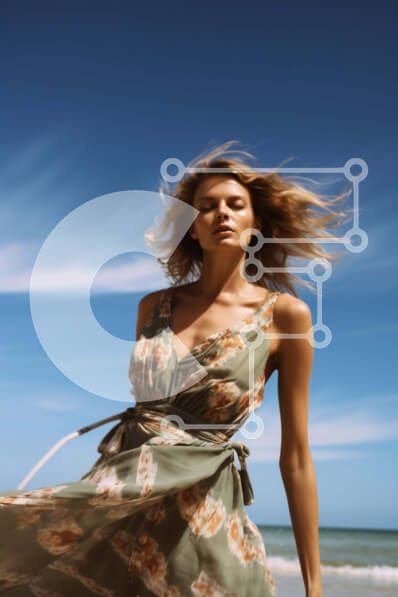 Intra Συλλεκτικό Ξύλινο Παζλ Plywood  4mm - Κομψή γυναίκα με λουλουδάτο φόρεμα στην παραλία με ανεμοδαρμένα μαλλιά Σε Ξύλινο Κουτί - Διαστάσεις Puzzle: 10x10 cm – 25 κομμάτια