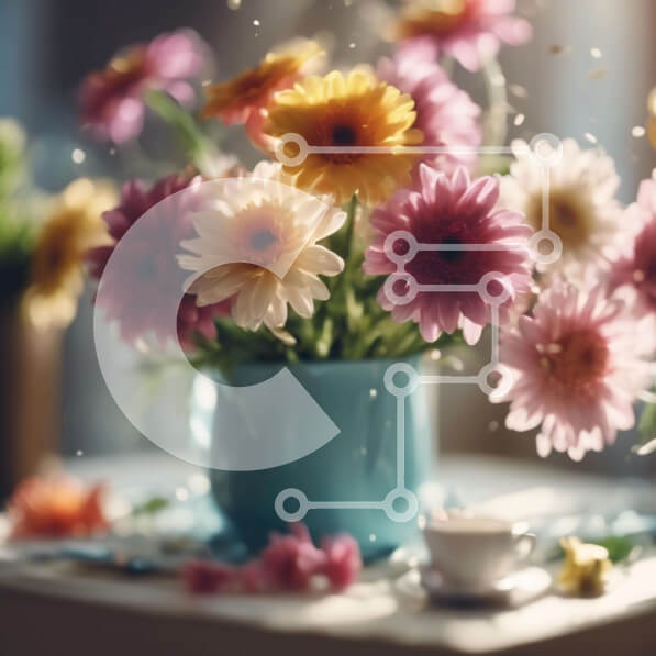 Intra Συλλεκτικό Ξύλινο Παζλ Plywood  4mm - Πολύχρωμο βάζο λουλουδιών με φλιτζάνι καφέ στο τραπέζι Σε Ξύλινο Κουτί - Διαστάσεις: 10x10 cm – 25 κομμάτια