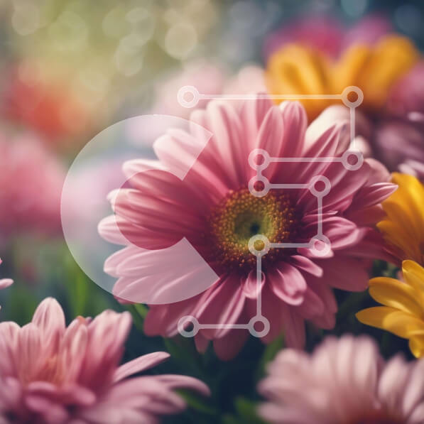 Intra Συλλεκτικό Ξύλινο Παζλ Plywood  4mm - Κοντινό πλάνο ροζ και κίτρινων λουλουδιών μαργαρίτας που ανθίζουν Σε Ξύλινο Κουτί - Διαστάσεις: 10x10 cm – 25 κομμάτια