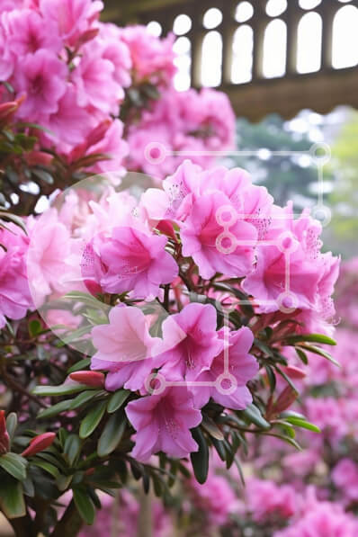 Σετ των 2 Intra Συλλεκτικό Ξύλινο Παζλ Plywood  4mm - Ροζ λουλούδια ροδόδεντρου στον κήπο με παγκάκια Σε Ξύλινο Κουτί - Διαστάσεις: 10x10 cm – 25 κομμάτια