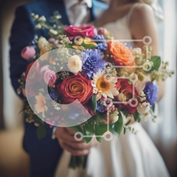 Intra Συλλεκτικό Ξύλινο Παζλ Plywood  4mm - Η νύφη και ο γαμπρός κρατούν πολύχρωμο μπουκέτο λουλουδιών Σε Ξύλινο Κουτί - Διαστάσεις: 10x10 cm – 25 κομμάτια