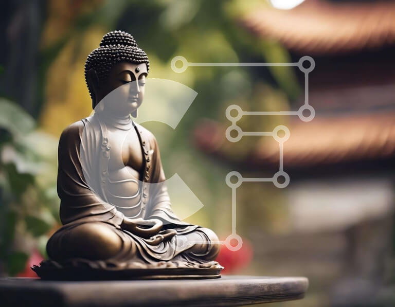 Intra Συλλεκτικό Ξύλινο Παζλ Plywood  4mm - Χάλκινο άγαλμα του Βούδα σε ξύλινη πλατφόρμα που περιβάλλεται από πράσινο Σε Ξύλινο Κουτί - Διαστάσεις Puzzle: 10x10 cm – 25 κομμάτια