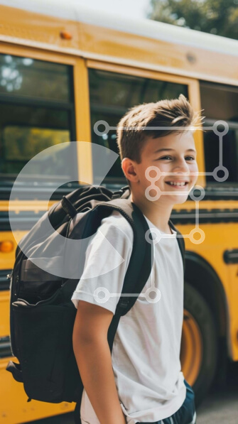 Intra Συλλεκτικό Ξύλινο Παζλ Plywood  4mm - Νεαρό αγόρι έτοιμο για το σχολείο με το κίτρινο σχολικό λεωφορείο Σε Ξύλινο Κουτί - Διαστάσεις Puzzle: 10x10 cm – 25 κομμάτια