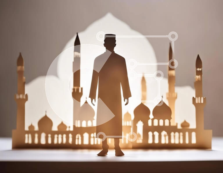 Intra Συλλεκτικό Ξύλινο Παζλ Plywood  4mm - Σιλουέτα του Ισλαμικού άνδρα μπροστά από δύο τζαμιά Σε Ξύλινο Κουτί - Διαστάσεις Puzzle: 10x10 cm – 25 κομμάτια