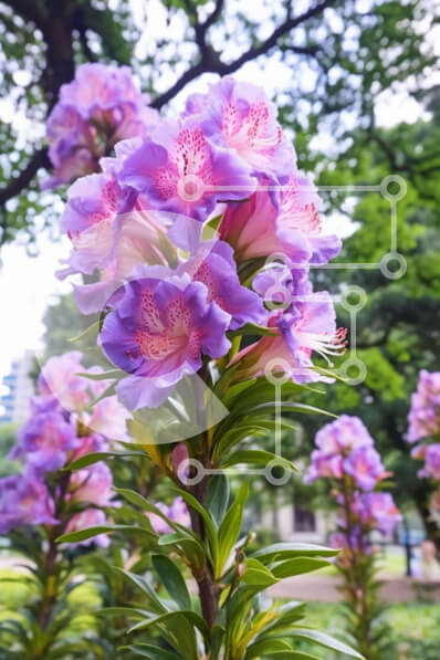 Σετ των 2 Intra Συλλεκτικό Ξύλινο Παζλ Plywood  4mm - Μωβ λουλούδια που ανθίζουν σε ένα αστικό πάρκο Σε Ξύλινο Κουτί - Διαστάσεις: 10x10 cm – 25 κομμάτια