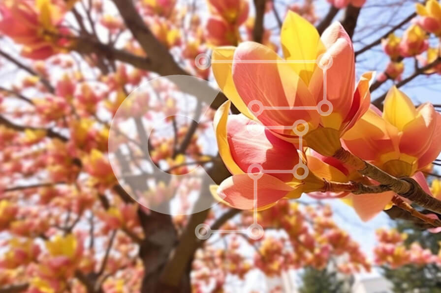 Intra Συλλεκτικό Ξύλινο Παζλ Plywood  4mm - Ροζ και κίτρινο δέντρο Magnolia με ανθισμένα λουλούδια Σε Ξύλινο Κουτί - Διαστάσεις: 10x10 cm – 25 κομμάτια