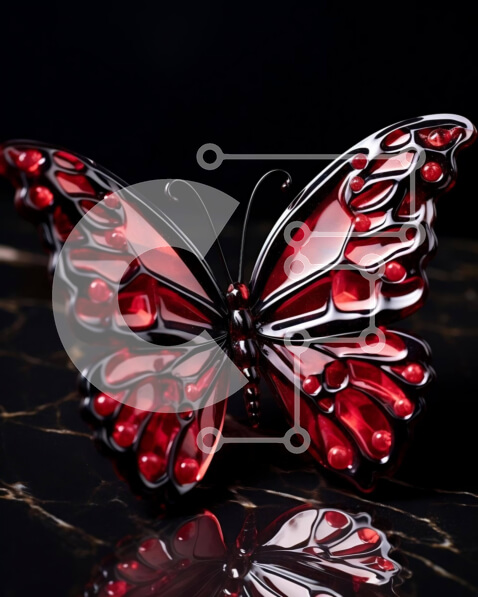 Intra Συλλεκτικό Ξύλινο Παζλ Plywood  4mm - Κόκκινο γλυπτό πεταλούδας σε μαύρο μαρμάρινο τραπέζι Σε Ξύλινο Κουτί - Διαστάσεις: 10x10 cm – 25 κομμάτια