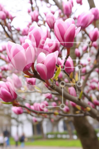 Σετ των 2 Intra Συλλεκτικό Ξύλινο Παζλ Plywood  4mm - Ροζ δέντρο μανόλιας την άνοιξη με τους ανθρώπους Σε Ξύλινο Κουτί - Διαστάσεις: 10x10 cm – 25 κομμάτια