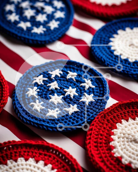 Intra Συλλεκτικό Ξύλινο Παζλ Plywood  4mm - Σουβέρ με κροσέ σε τραπεζομάντιλο με αμερικανική σημαία Σε Ξύλινο Κουτί - Διαστάσεις: 10x10 cm – 25 κομμάτια