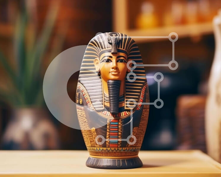 Intra Συλλεκτικό Ξύλινο Παζλ Plywood  4mm - Αιγυπτιακό άγαλμα σε ένα ξύλινο τραπέζι με μπουκάλια και γλάστρες Σε Ξύλινο Κουτί - Διαστάσεις Puzzle: 10x10 cm – 25 κομμάτια