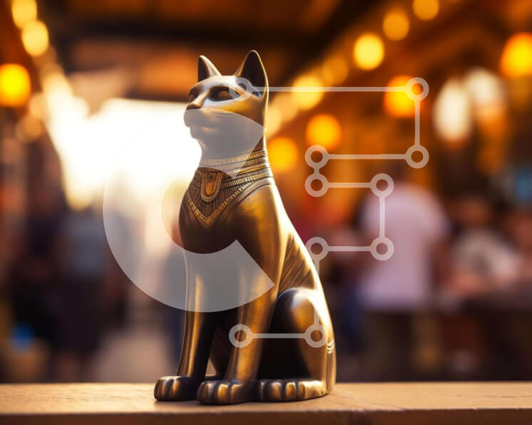 Intra Συλλεκτικό Ξύλινο Παζλ Plywood  4mm - Χρυσό άγαλμα γάτας σε εκδήλωση με ανθρώπους κοντά Σε Ξύλινο Κουτί - Διαστάσεις Puzzle: 10x10 cm – 25 κομμάτια