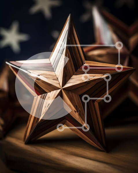 Intra Συλλεκτικό Ξύλινο Παζλ Plywood  4mm - Ξύλινα αντικείμενα σε σχήμα αστεριού στο τραπέζι με αμερικανική σημαία στο φόντο Σε Ξύλινο Κουτί - Διαστάσεις: 10x10 cm – 25 κομμάτια
