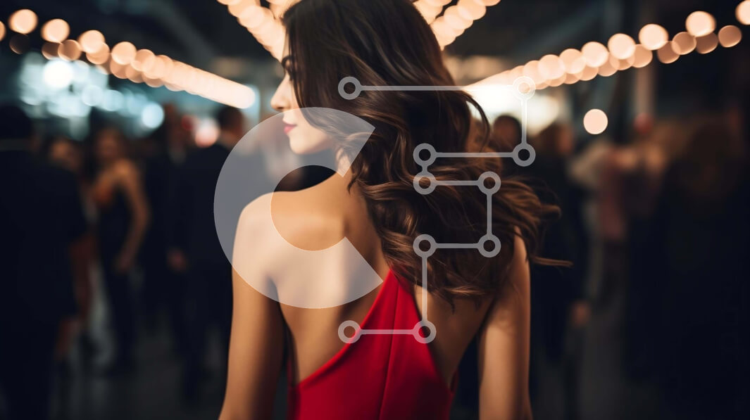 Intra Συλλεκτικό Ξύλινο Παζλ Plywood  4mm - Κομψή γυναίκα με κόκκινο φόρεμα ανάμεσα σε ένα πλήθος Σε Ξύλινο Κουτί - Διαστάσεις Puzzle: 10x10 cm – 25 κομμάτια