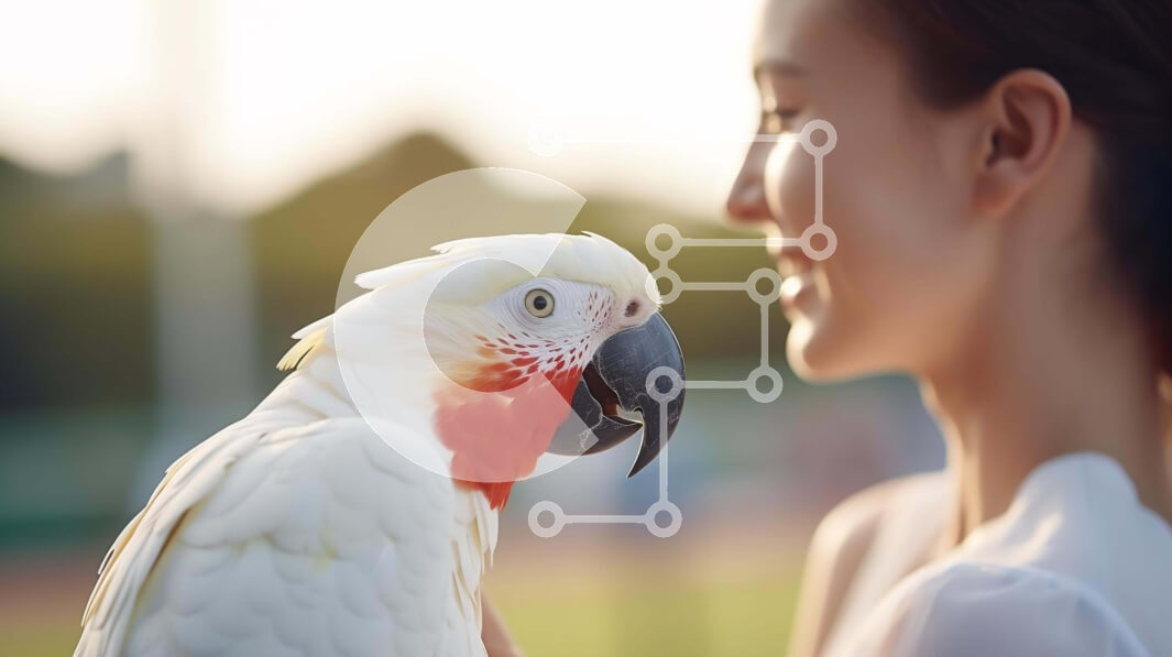 Σετ των 2 Intra Συλλεκτικό Ξύλινο Παζλ Plywood  4mm - Χαμογελαστή γυναίκα που κρατά τον εξωτικό λευκό παπαγάλο Σε Ξύλινο Κουτί - Διαστάσεις: 10x10 cm – 25 κομμάτια