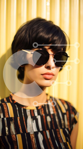 Intra Συλλεκτικό Ξύλινο Παζλ Plywood  4mm - Κομψή γυναίκα που ποζάρει μπροστά από τον κίτρινο τοίχο Σε Ξύλινο Κουτί - Διαστάσεις Puzzle: 10x10 cm – 25 κομμάτια