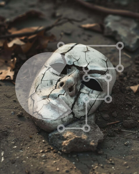 Intra Συλλεκτικό Ξύλινο Παζλ Plywood  4mm - Σπασμένη μάσκα στο έδαφος με βράχους και φύλλα Σε Ξύλινο Κουτί - Διαστάσεις Puzzle: 10x10 cm – 25 κομμάτια