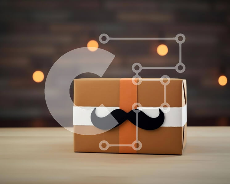 Intra Συλλεκτικό Ξύλινο Παζλ Plywood  4mm - Καφέ κουτί δώρου με μουστάκι σε ξύλινο τραπέζι Σε Ξύλινο Κουτί - Διαστάσεις Puzzle: 10x10 cm – 25 κομμάτια