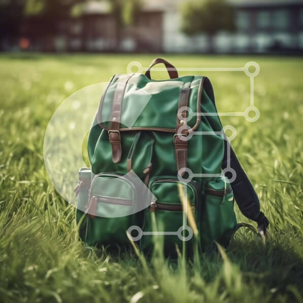 Intra Συλλεκτικό Ξύλινο Παζλ Plywood  4mm - Πράσινο σακίδιο πλάτης στο γρασίδι με καφέ δερμάτινα λουριά Σε Ξύλινο Κουτί - Διαστάσεις: 10x10 cm – 25 κομμάτια