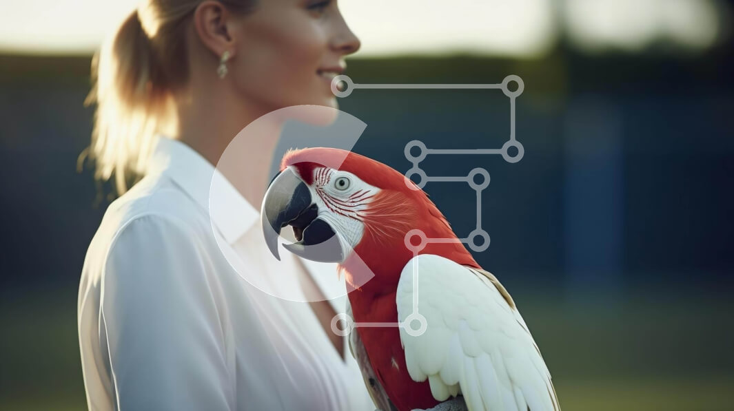 Σετ των 2 Intra Συλλεκτικό Ξύλινο Παζλ Plywood  4mm - Γυναίκα που κρατά τον κόκκινο και άσπρο παπαγάλο στον ώμο της Σε Ξύλινο Κουτί - Διαστάσεις: 10x10 cm – 25 κομμάτια