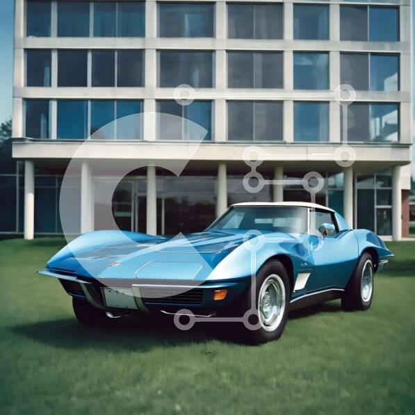 Intra Συλλεκτικό Ξύλινο Παζλ Plywood  4mm - Blue Sports Car παρκαρισμένο μπροστά από το Modern Building Σε Ξύλινο Κουτί - Διαστάσεις Puzzle: 10x10 cm – 25 κομμάτια