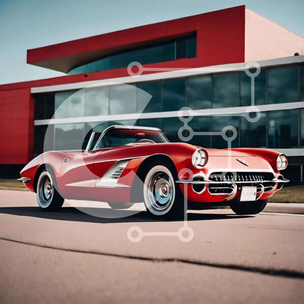 Intra Συλλεκτικό Ξύλινο Παζλ Plywood  4mm - Κόκκινο σπορ αυτοκίνητο σταθμευμένο μπροστά από το σύγχρονο κτήριο Σε Ξύλινο Κουτί - Διαστάσεις Puzzle: 10x10 cm – 25 κομμάτια