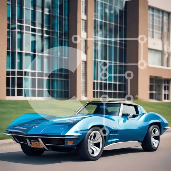 Intra Συλλεκτικό Ξύλινο Παζλ Plywood  4mm - Μπλε σπορ αυτοκίνητο σταθμευμένο μπροστά από το σύγχρονο κτήριο Σε Ξύλινο Κουτί - Διαστάσεις Puzzle: 10x10 cm – 25 κομμάτια