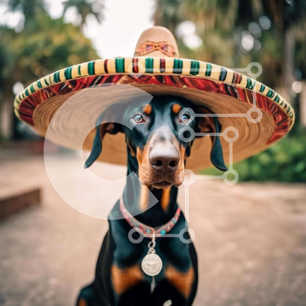 Intra Συλλεκτικό Ξύλινο Παζλ Plywood  4mm - Σκύλος Ντόμπερμαν που φορά μεξικάνικο καπέλο σομπρέρο Σε Ξύλινο Κουτί - Διαστάσεις: 10x10 cm – 25 κομμάτια