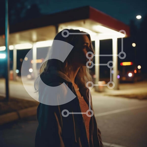 Intra Συλλεκτικό Ξύλινο Παζλ Plywood  4mm - Γυναίκα που στέκεται τη νύχτα στο άδειο βενζινάδικο Σε Ξύλινο Κουτί - Διαστάσεις Puzzle: 10x10 cm – 25 κομμάτια