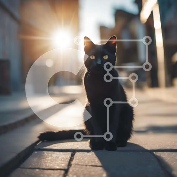 Intra Συλλεκτικό Ξύλινο Παζλ Plywood  4mm - Μαύρη γάτα που κάθεται στο πεζοδρόμιο σε αστικό περιβάλλον Σε Ξύλινο Κουτί - Διαστάσεις: 10x10 cm – 25 κομμάτια