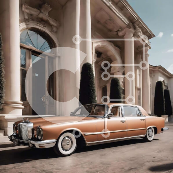 Intra Συλλεκτικό Ξύλινο Παζλ Plywood  4mm - Vintage καφέ αυτοκίνητο σταθμευμένο μπροστά από το κτίριο με στήλες και καμάρες Σε Ξύλινο Κουτί - Διαστάσεις Puzzle: 10x10 cm – 25 κομμάτια