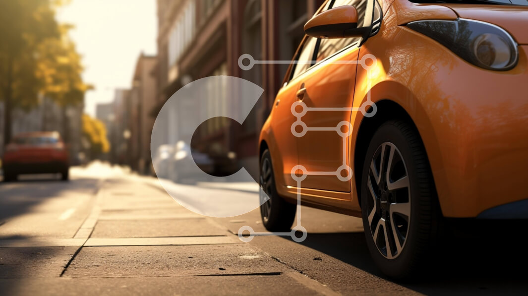 Intra Συλλεκτικό Ξύλινο Παζλ Plywood  4mm - Πορτοκαλί αυτοκίνητο παρκαρισμένο στην οδό της πόλης με πεζούς και κτίρια Σε Ξύλινο Κουτί - Διαστάσεις Puzzle: 10x10 cm – 25 κομμάτια