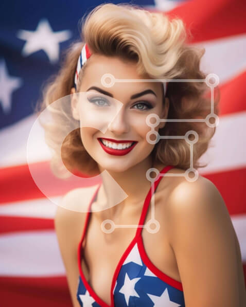 Intra Συλλεκτικό Ξύλινο Παζλ Plywood  4mm - Νεαρή γυναίκα με αμερικανική σημαία μπικίνι που γιορτάζει την 4η Ιουλίου Σε Ξύλινο Κουτί - Διαστάσεις Puzzle: 10x10 cm – 25 κομμάτια