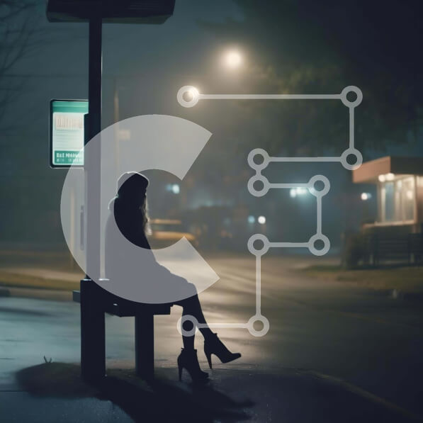 Intra Συλλεκτικό Ξύλινο Παζλ Plywood  4mm - Γυναίκα κάθεται σε υπαίθριο παγκάκι τη νύχτα με στάση λεωφορείου στο παρασκήνιο Σε Ξύλινο Κουτί - Διαστάσεις Puzzle: 10x10 cm – 25 κομμάτια