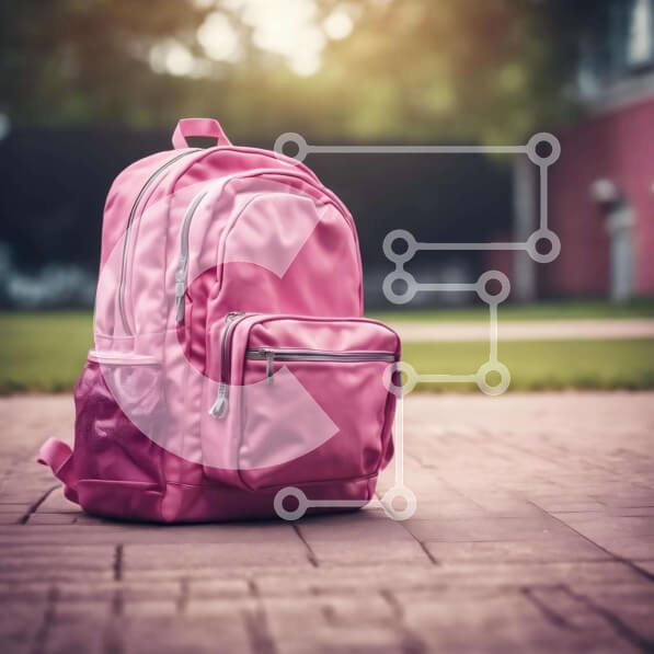 Intra Συλλεκτικό Ξύλινο Παζλ Plywood  4mm - Ροζ σακίδιο πλάτης στο πεζοδρόμιο μπροστά από δέντρα Σε Ξύλινο Κουτί - Διαστάσεις: 10x10 cm – 25 κομμάτια