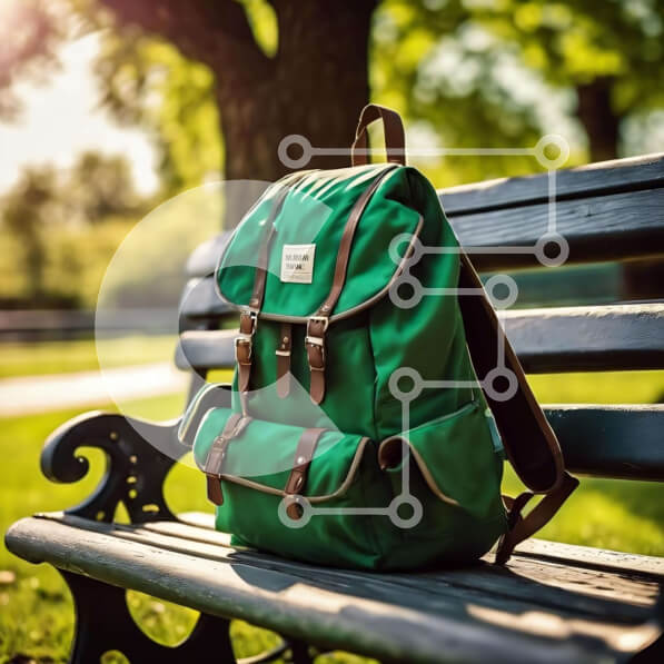 Intra Συλλεκτικό Ξύλινο Παζλ Plywood  4mm - Πράσινο σακίδιο πλάτης στον πάγκο του εξωτερικού πάρκου Σε Ξύλινο Κουτί - Διαστάσεις: 10x10 cm – 25 κομμάτια