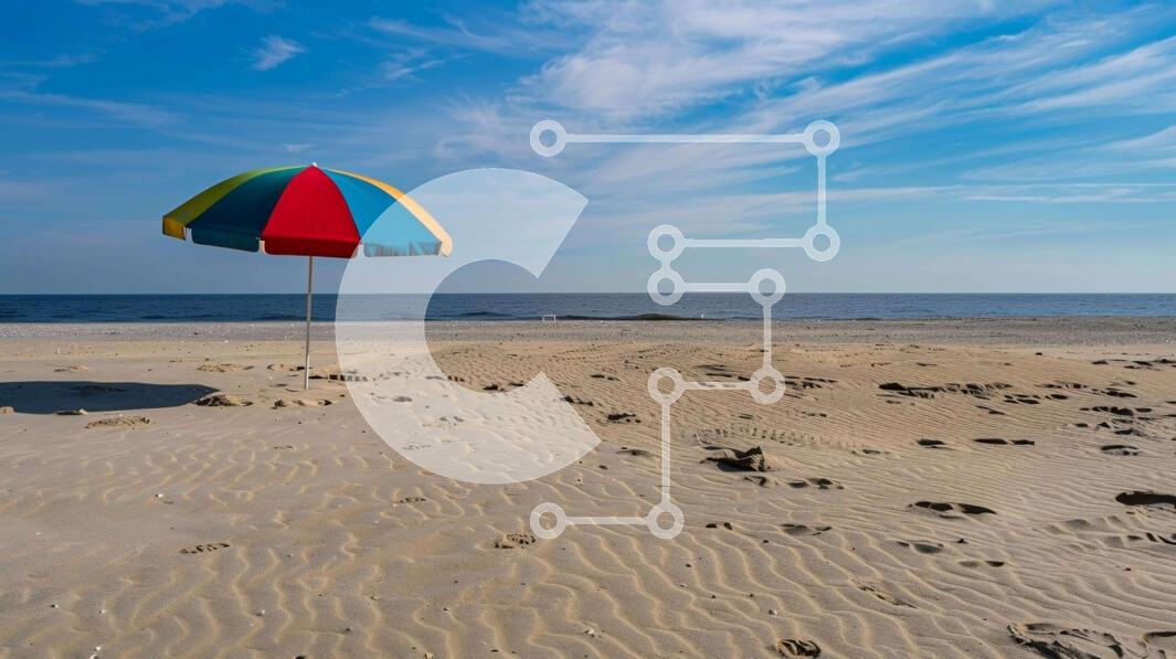 Intra Συλλεκτικό Ξύλινο Παζλ Plywood  4mm - Ζωηρόχρωμη ομπρέλα στην αμμώδη παραλία κοντά στον ωκεανό Σε Ξύλινο Κουτί - Διαστάσεις: 10x10 cm – 25 κομμάτια